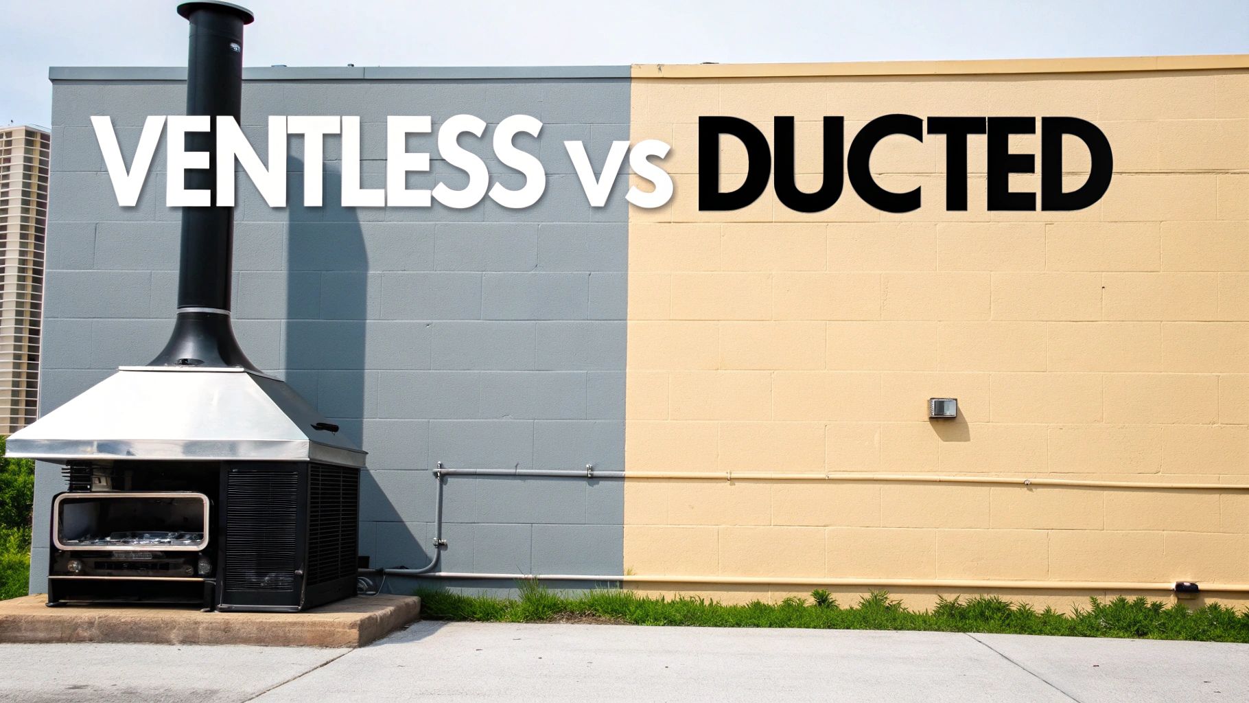 Visual comparison showing a commercial ventless kitchen hood next to a wall representing ducted systems.