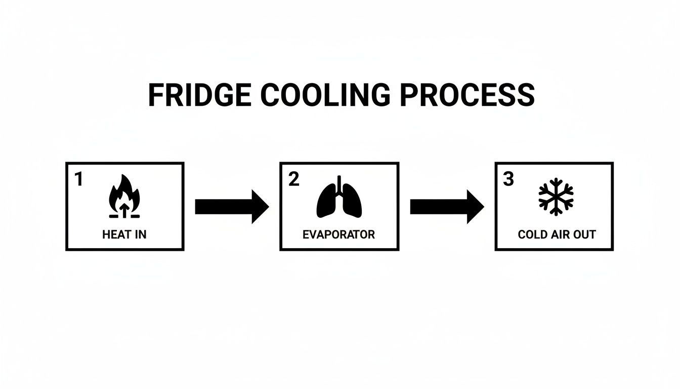 Diagram illustrating the three-step fridge cooling process, showing heat in, evaporator, and cold air out.