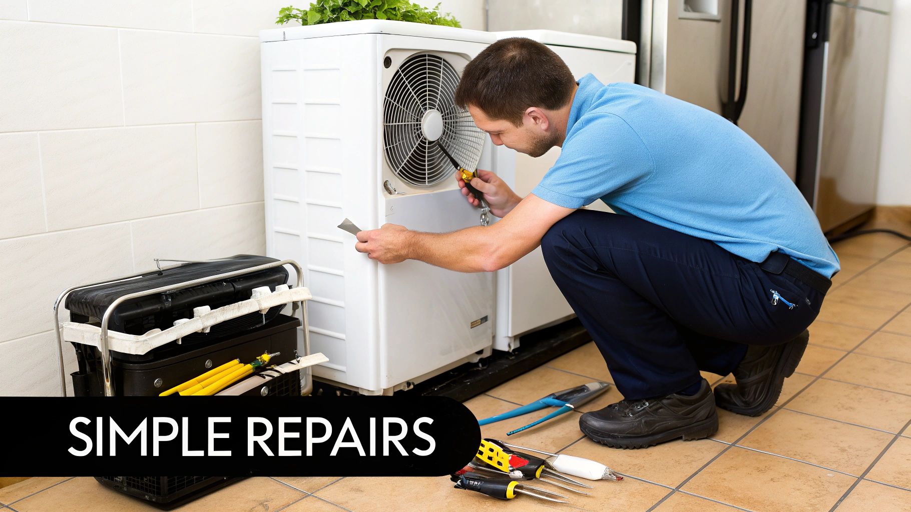 A male technician repairs a white appliance with a fan, using hand tools on a tiled floor.