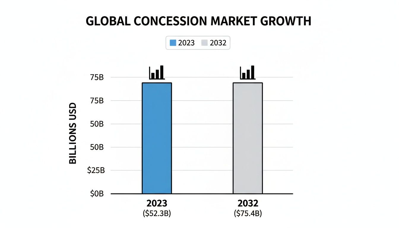 Bar chart illustrating global concession market growth from $52.3 billion in 2023 to $75.4 billion in 2032.