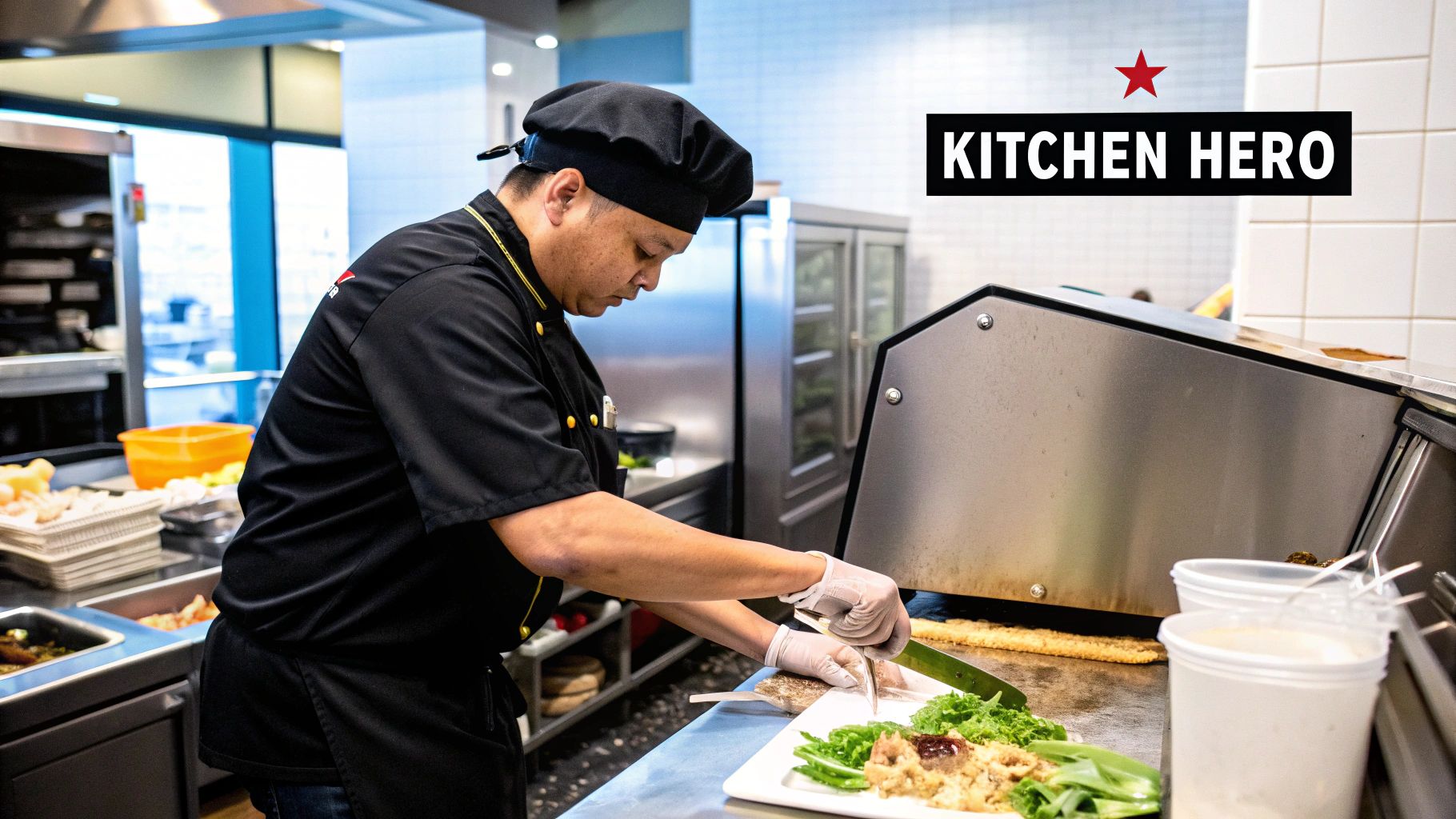 A chef in a black uniform and gloves prepares food on a griddle in a commercial kitchen.