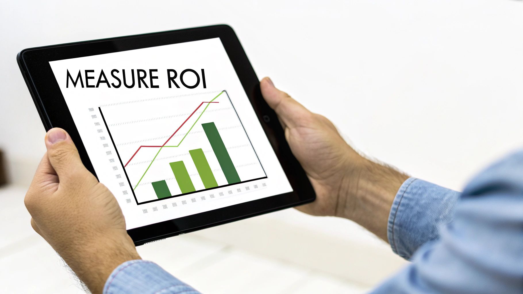Hands holding a tablet with a graph illustrating 'MEASURE ROI' for business analysis.