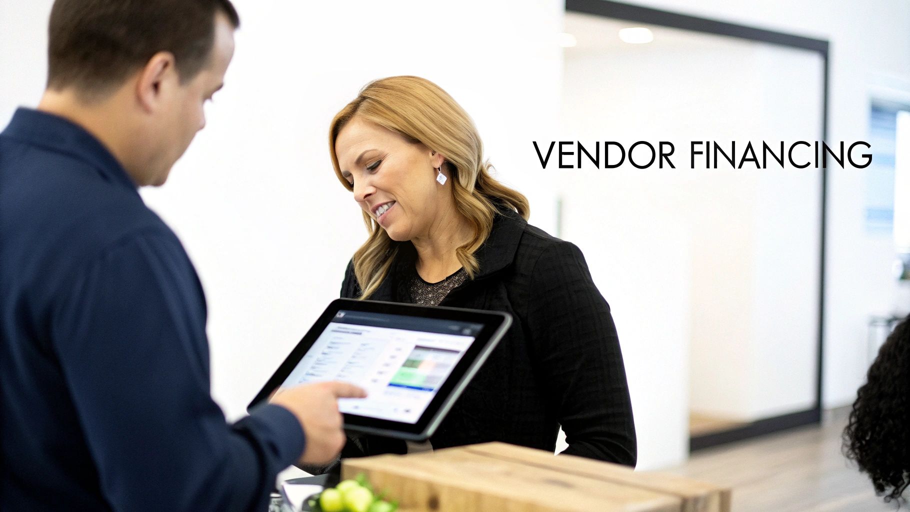 A man and a smiling woman look at a tablet with 'Vendor Financing' displayed.