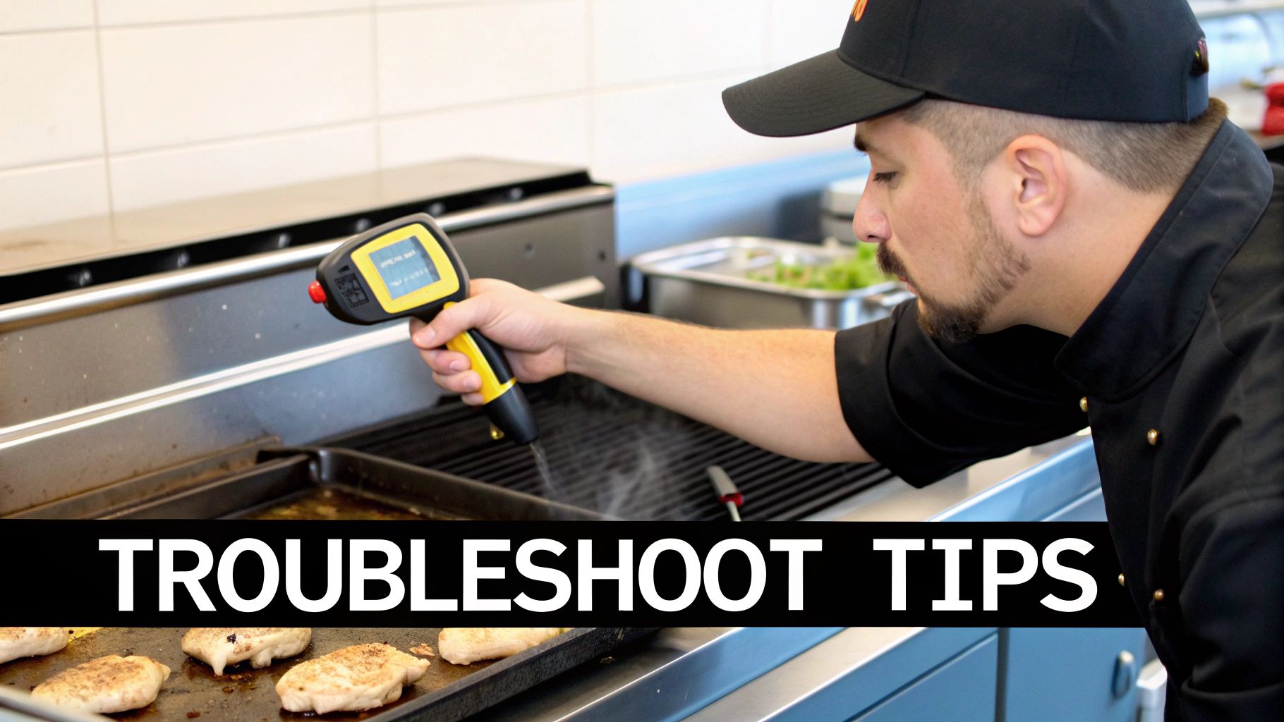 A chef uses an infrared thermometer to measure the temperature of a grill, with 'Troubleshoot Tips' text.