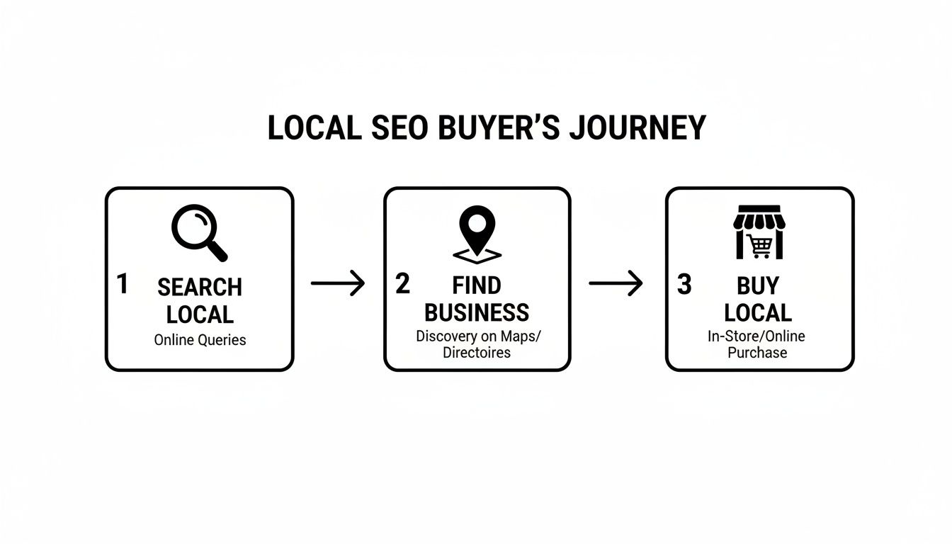 Flowchart showing the 3-step local SEO buyer's journey: search, find business, and buy local.
