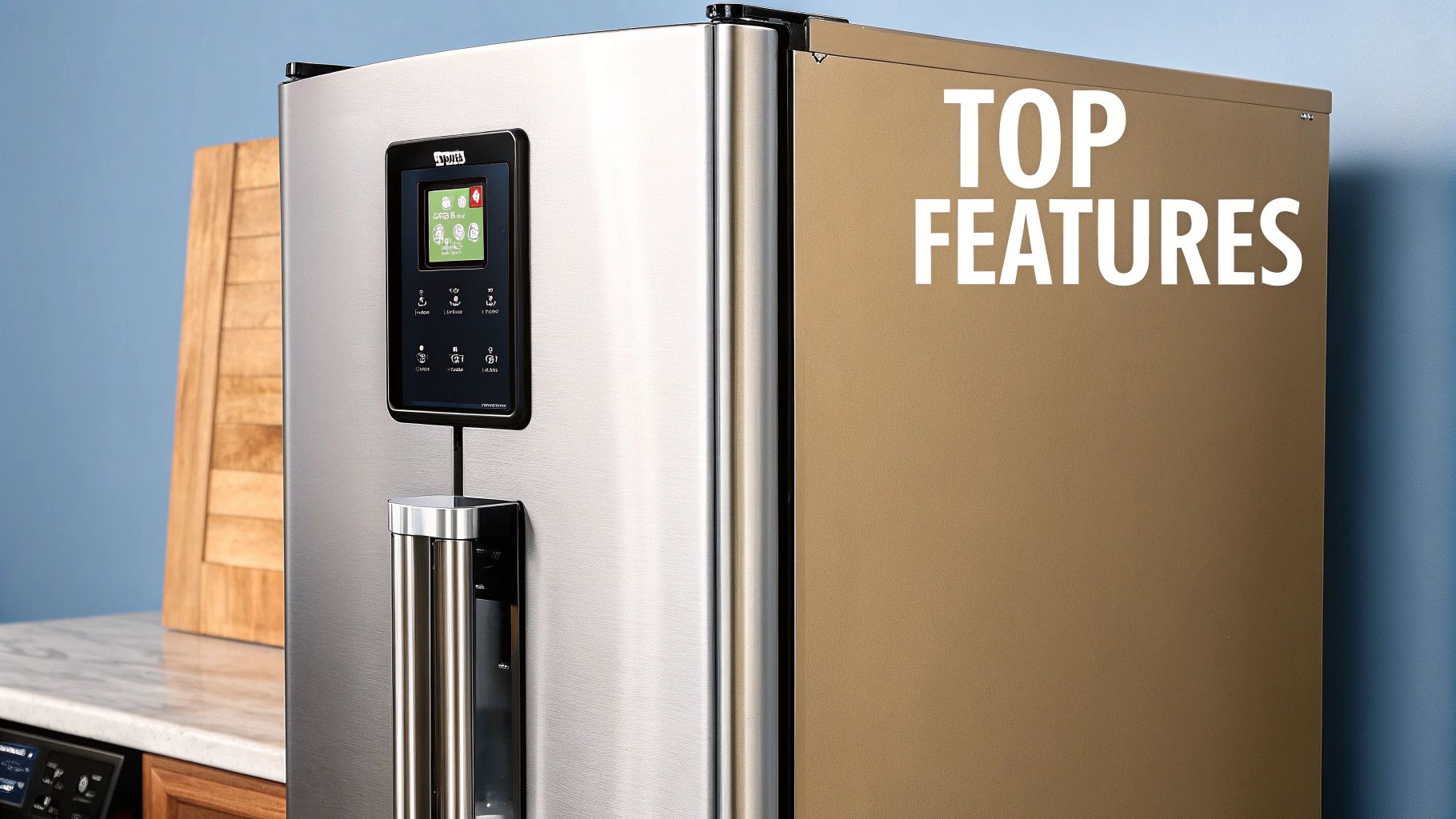 A sleek stainless steel refrigerator with a digital display and an ice dispenser, highlighting top features.