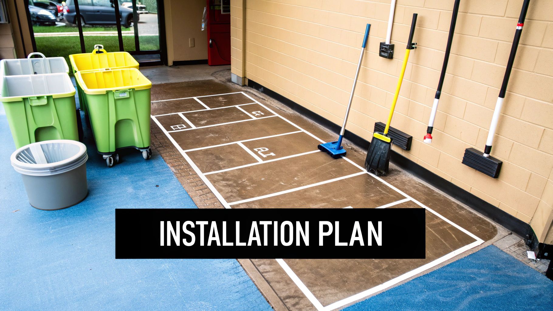 A utility room with green bins, mops, brooms, and floor markings, labeled 'INSTALLATION PLAN'.