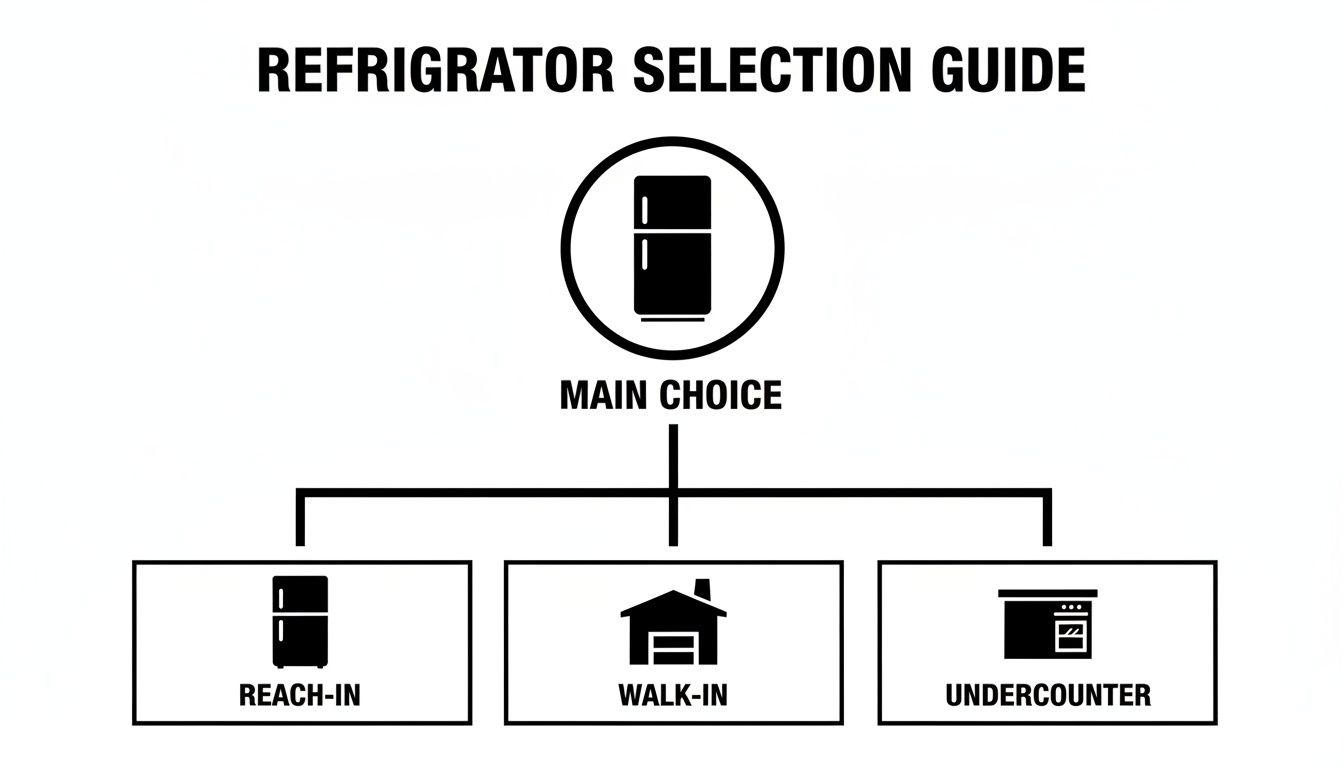 A refrigerator selection guide diagram showing main choice branching into reach-in, walk-in, and undercounter refrigerators.