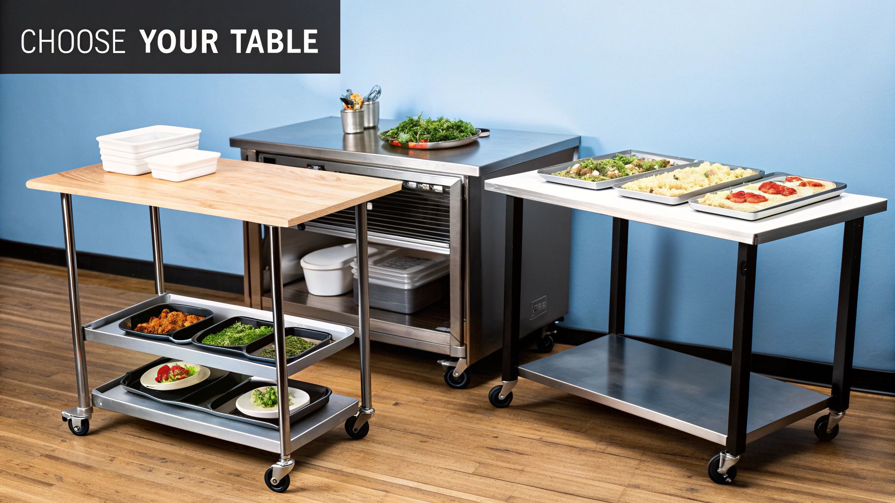 Three commercial kitchen prep tables with various food items on display, featuring stainless steel and wood tops.
