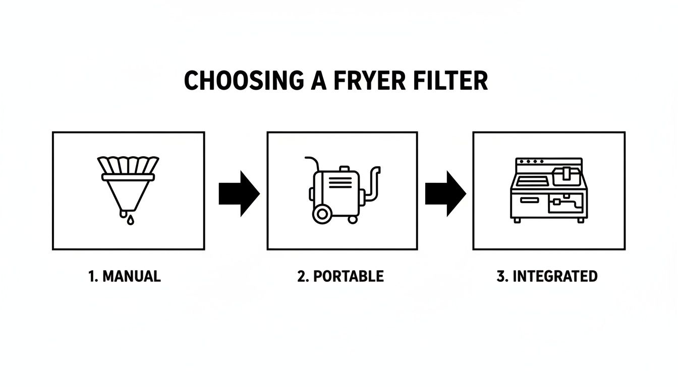 A diagram illustrating three types of fryer filters: manual, portable, and integrated, with corresponding icons.