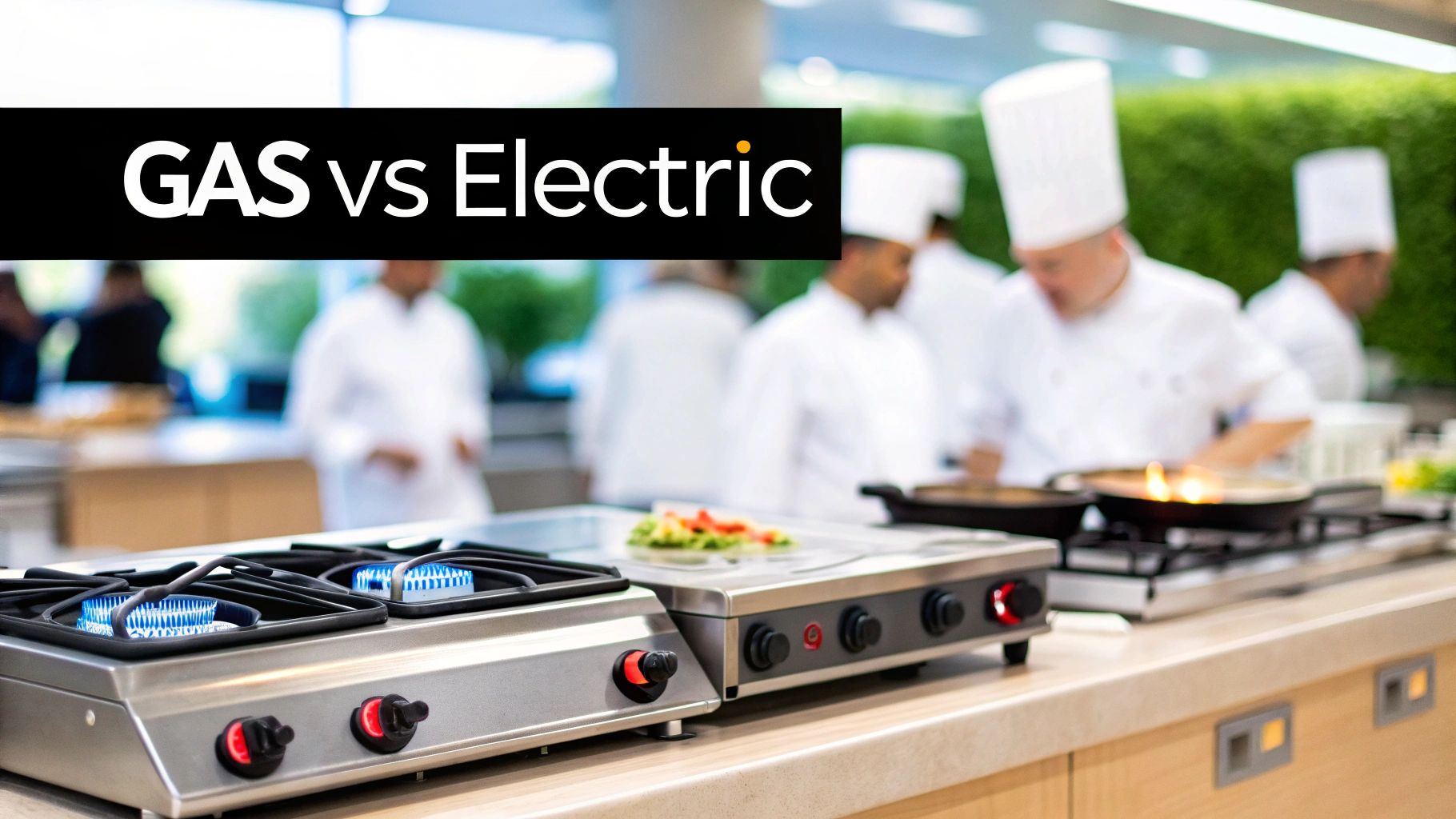 Two commercial griddles, one gas and one electric, sitting side-by-side in a professional kitchen setting.