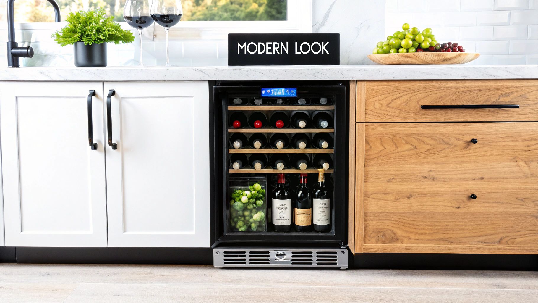 A person opens a modern undercounter refrigerator with a glass door filled with beverages, showcasing its clear display.