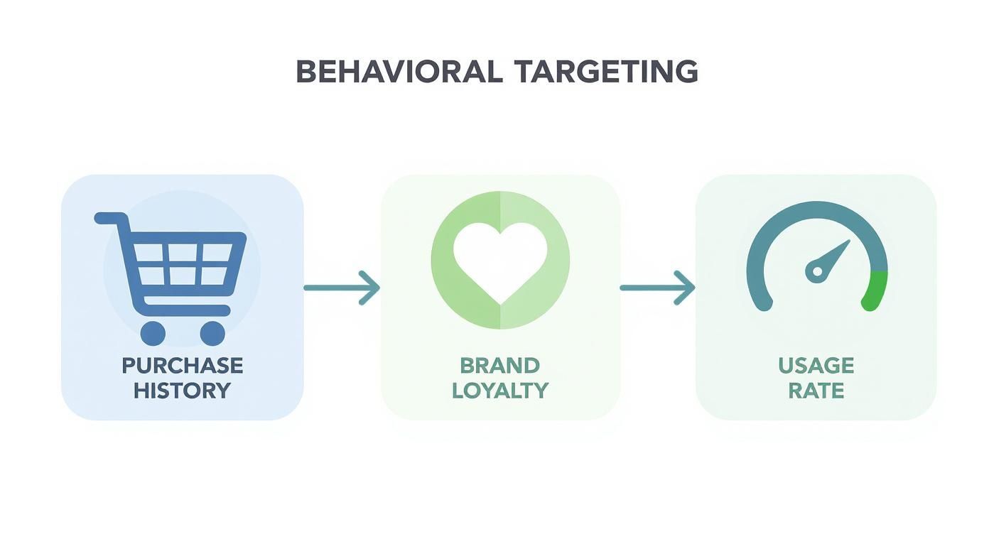 Infographic about types of target audience, showing purchase history, brand loyalty, and usage rate.