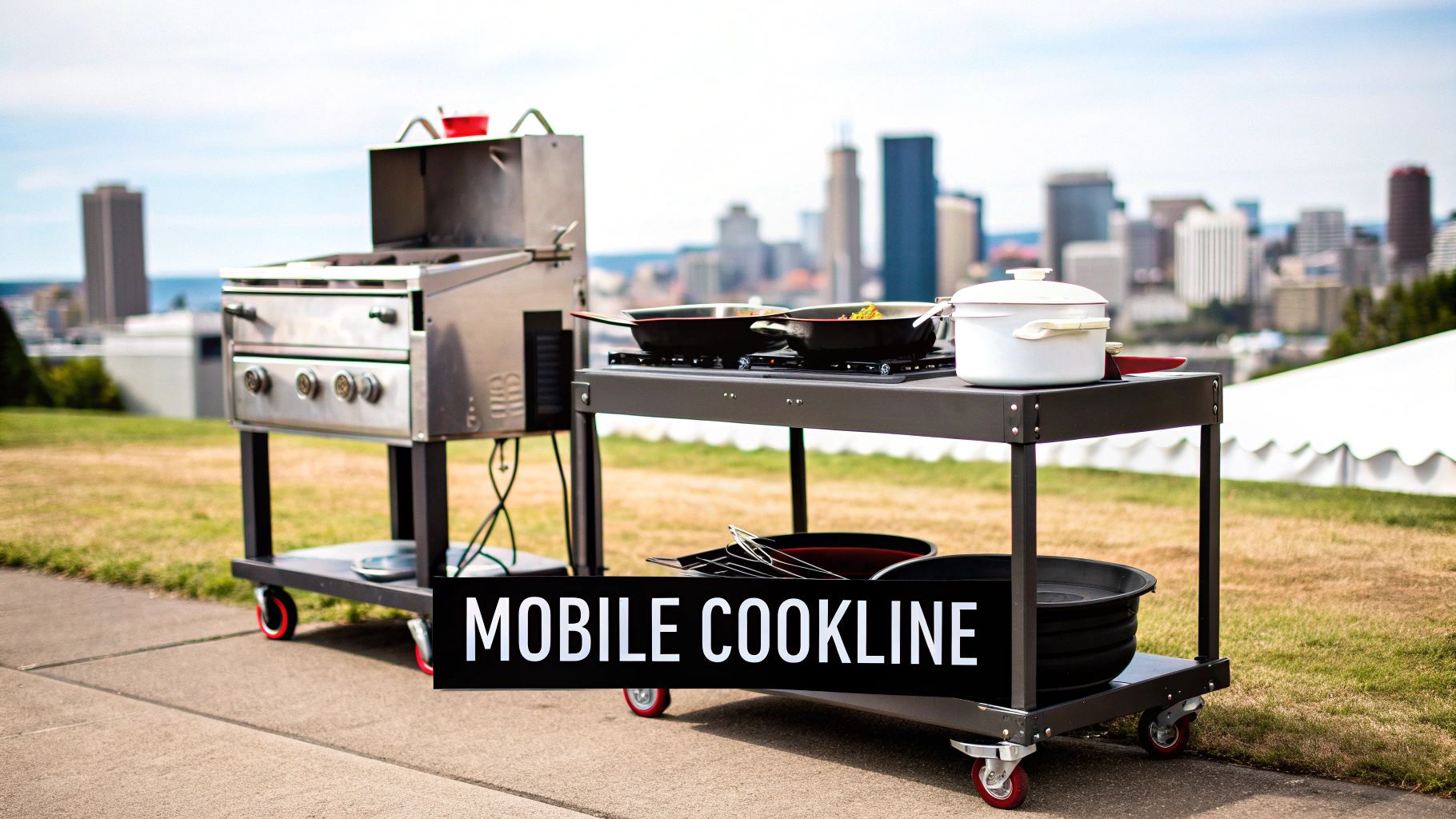 A mobile cookline setup featuring a grill and cooking stations with pots and pans outdoors.
