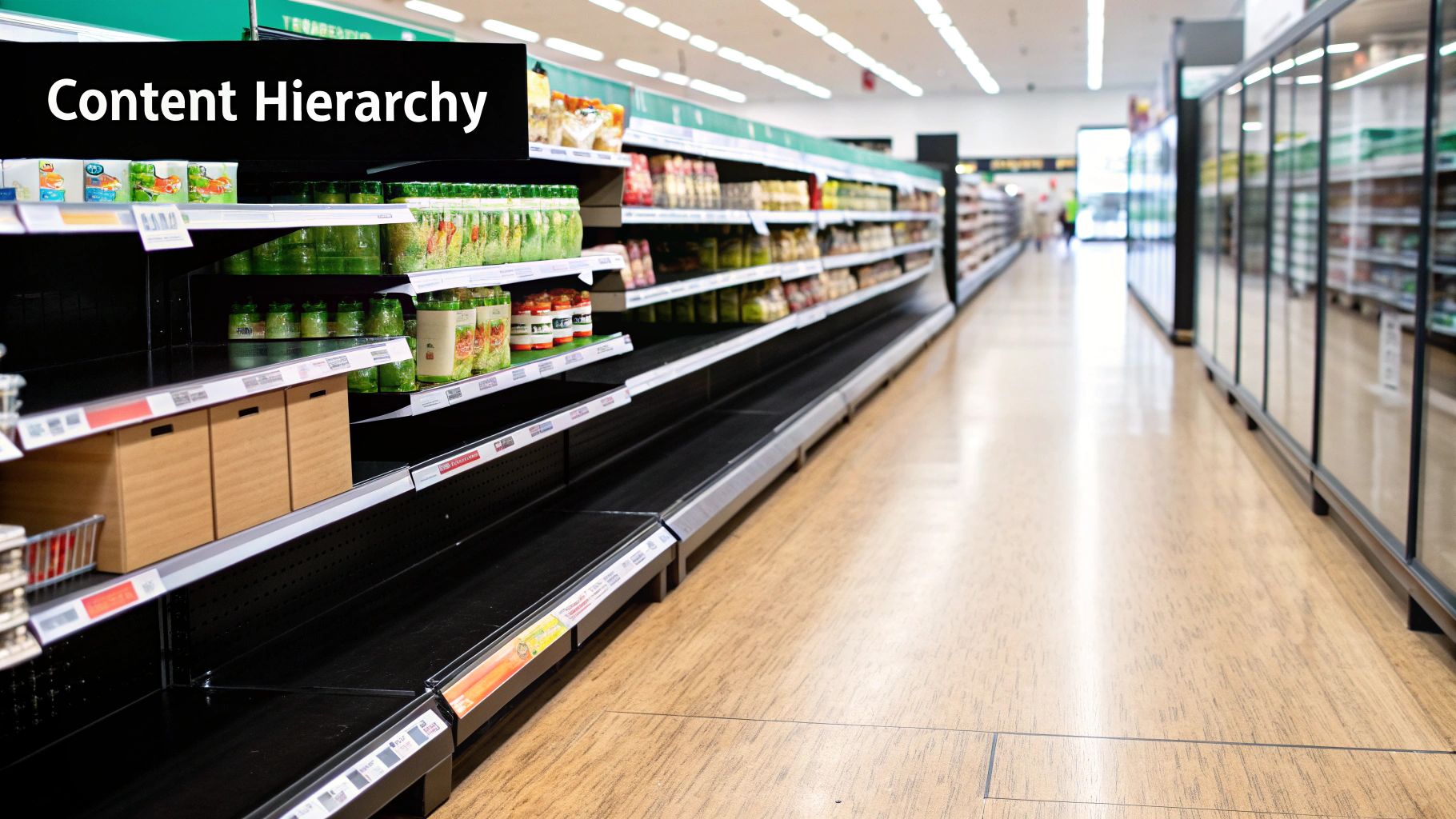 Supermarket aisle with mostly empty shelves, featuring a black banner that reads 'Content Hierarchy'.