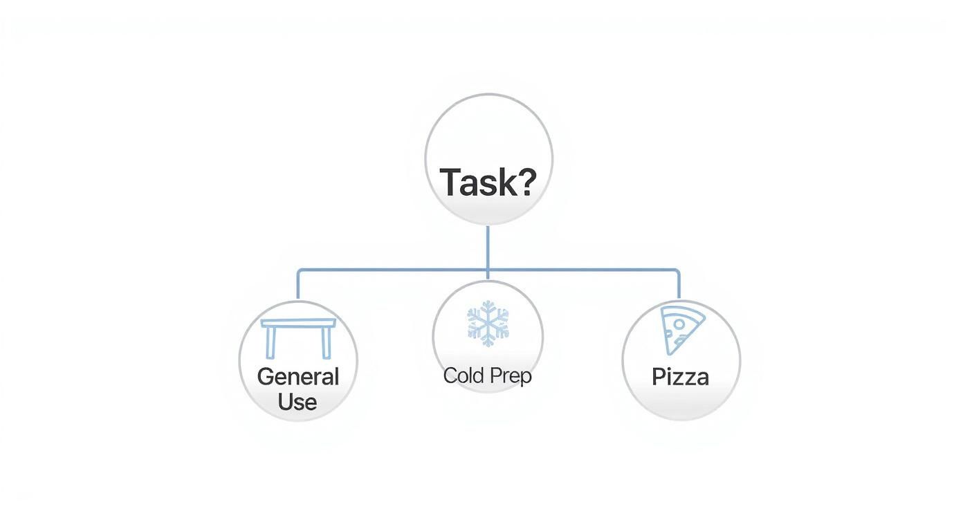 Infographic decision tree showing different types of stainless steel prep tables based on task requirements.