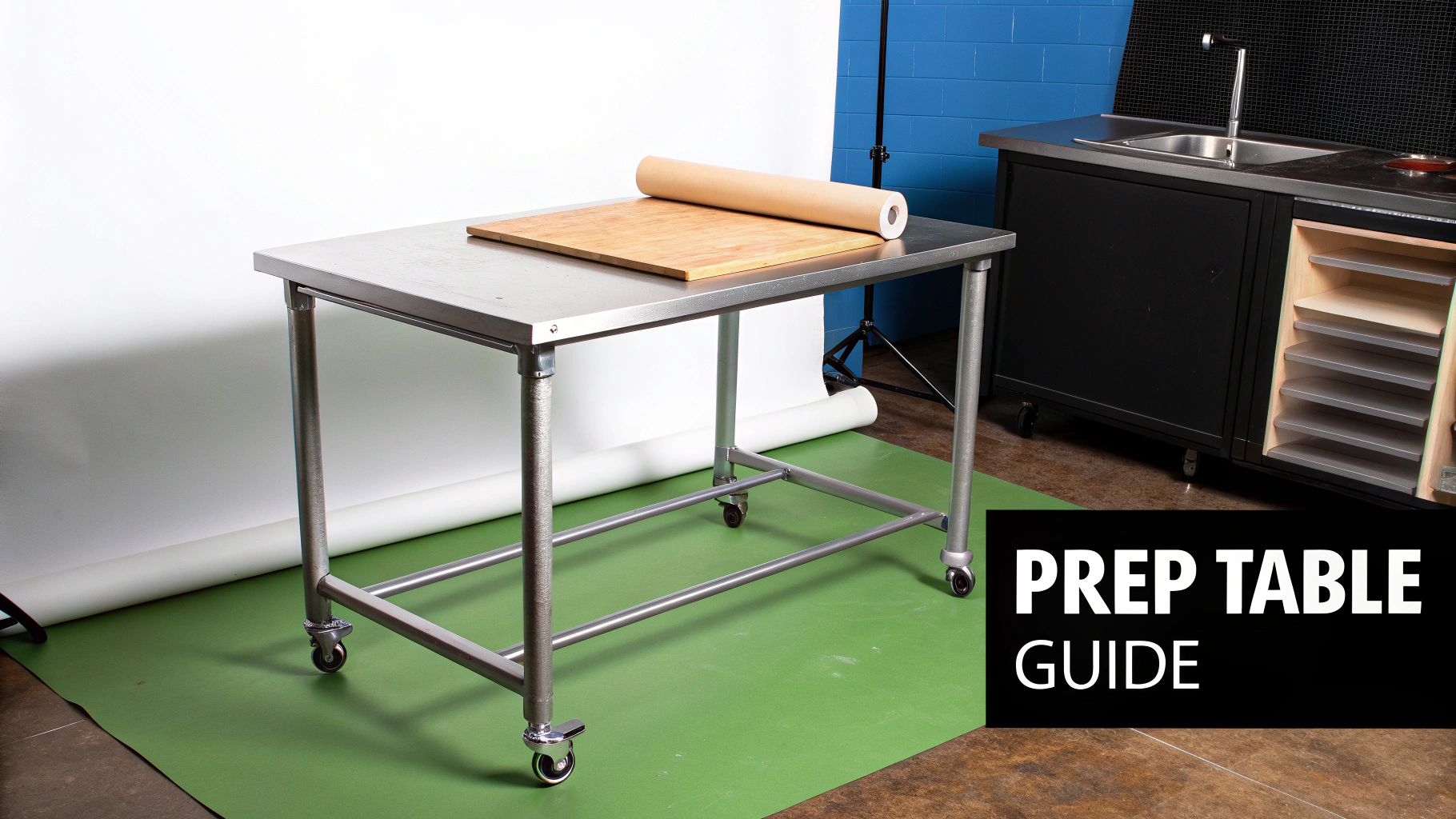 A clean, professional stainless steel prep table in a commercial kitchen setting.