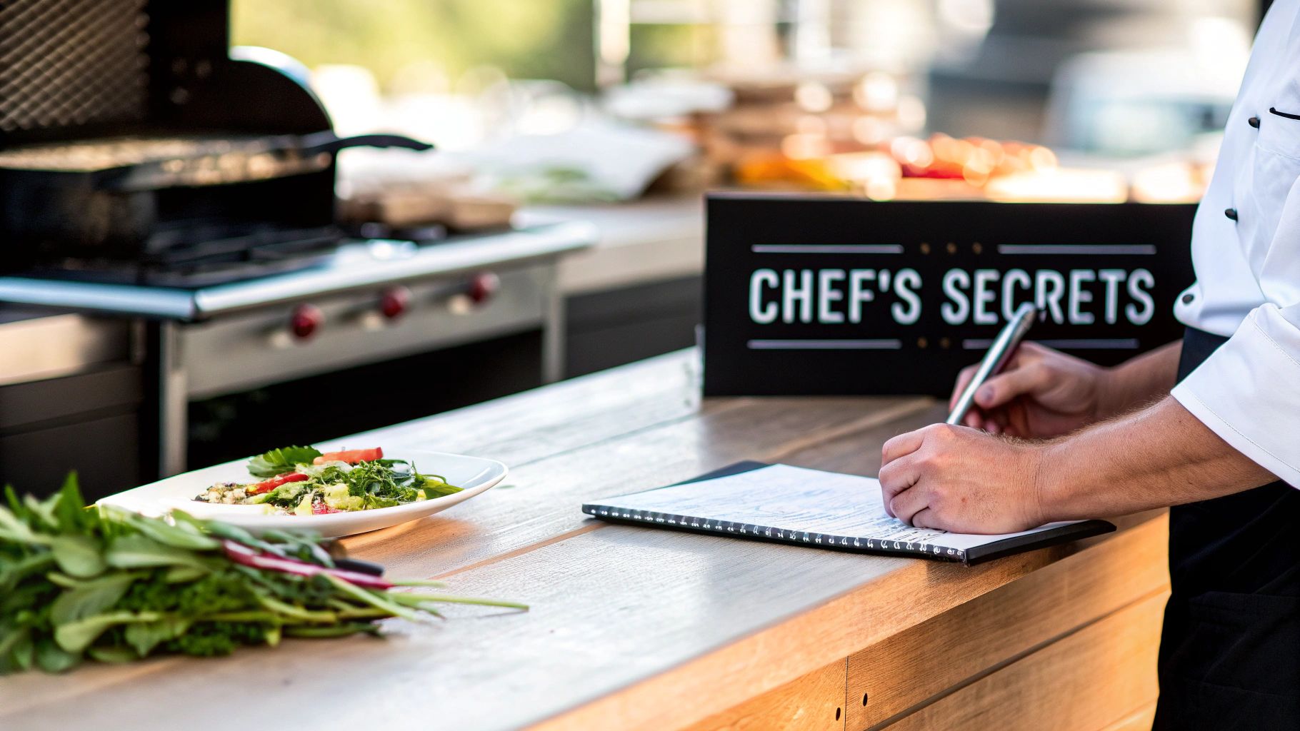 A chef in a white uniform writes notes at a wooden counter, next to a salad and a 'CHEF'S SECRETS' sign.