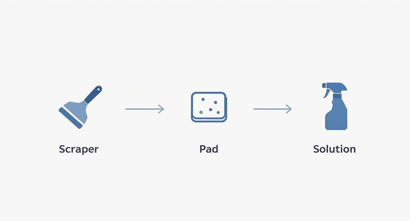 Icons illustrate a cleaning process with a scraper, a pad, and a spray solution bottle.