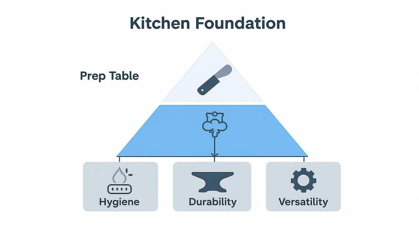 Pyramid diagram showing Kitchen Foundation with Prep Table, supported by Hygiene, Durability, and Versatility.
