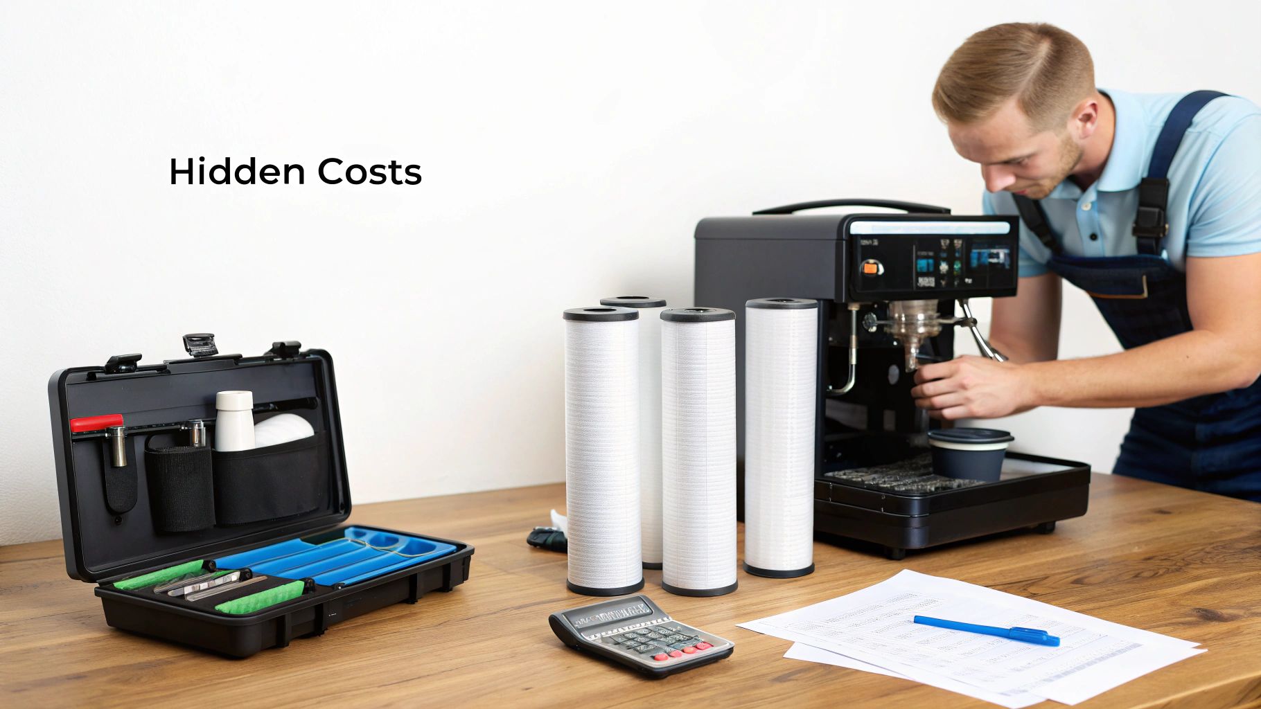 A man servicing an espresso machine, surrounded by new water filters, a toolbox, calculator, and papers, highlighting hidden costs.