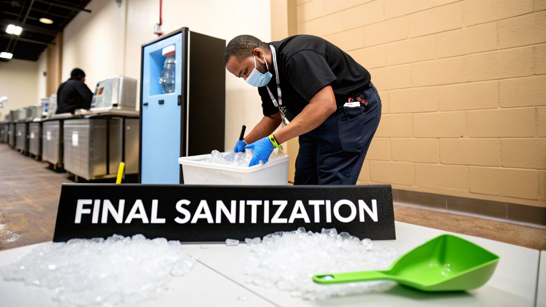 A person wearing gloves sprays sanitizer inside a commercial ice machine bin