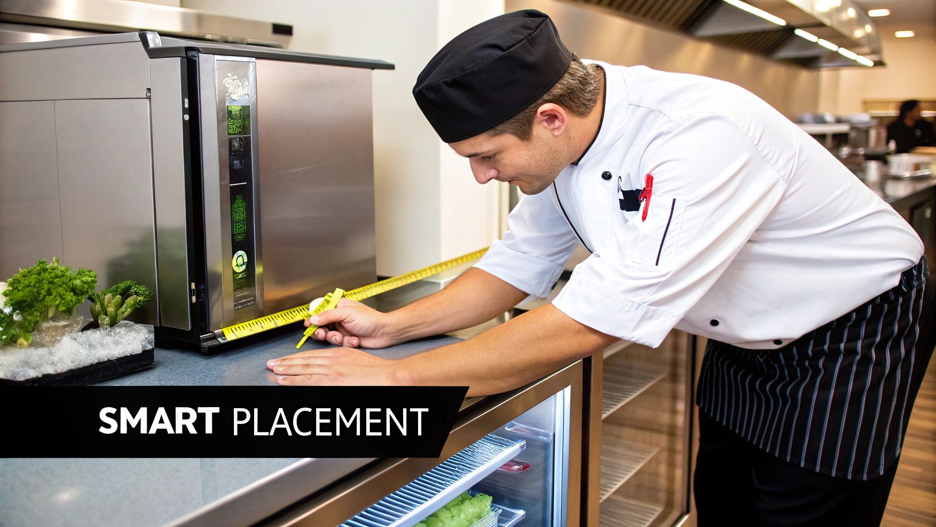 Professional chef measuring countertop space for commercial refrigeration unit placement in modern kitchen
