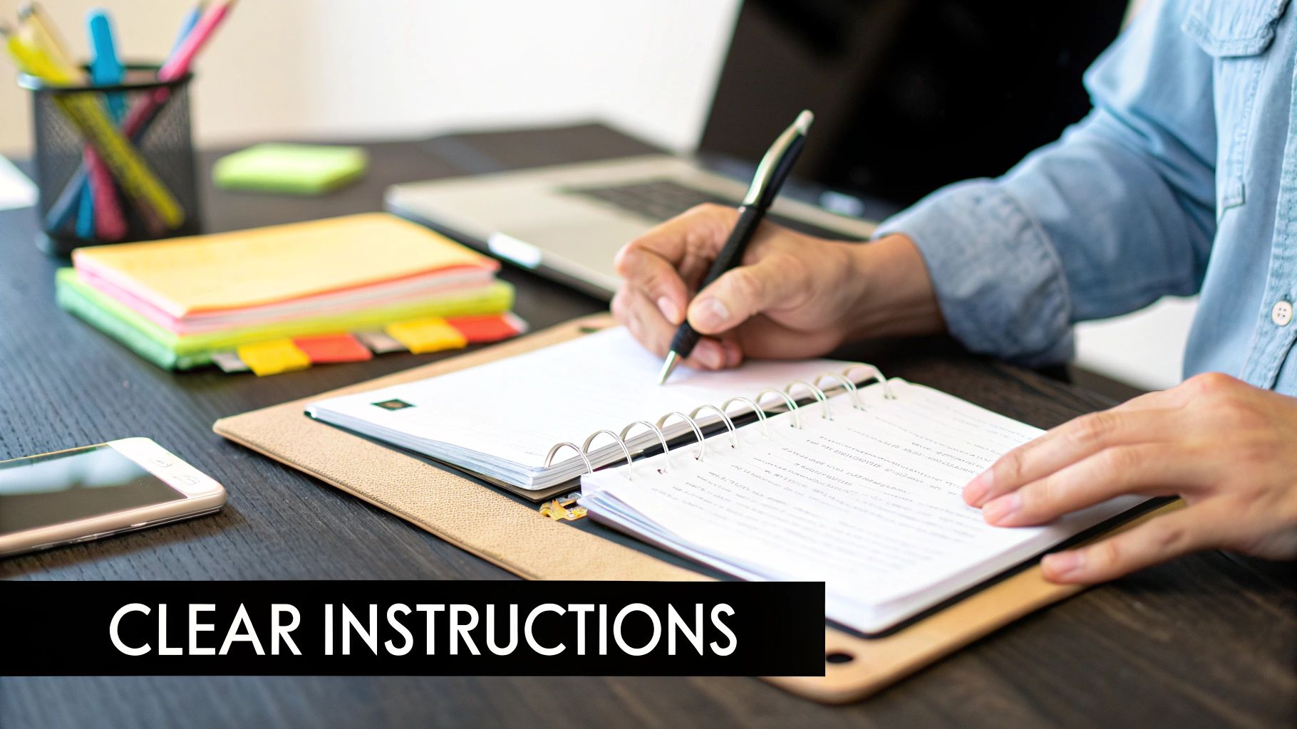 A person writing detailed notes in a notebook, symbolizing the process of documenting procedures.