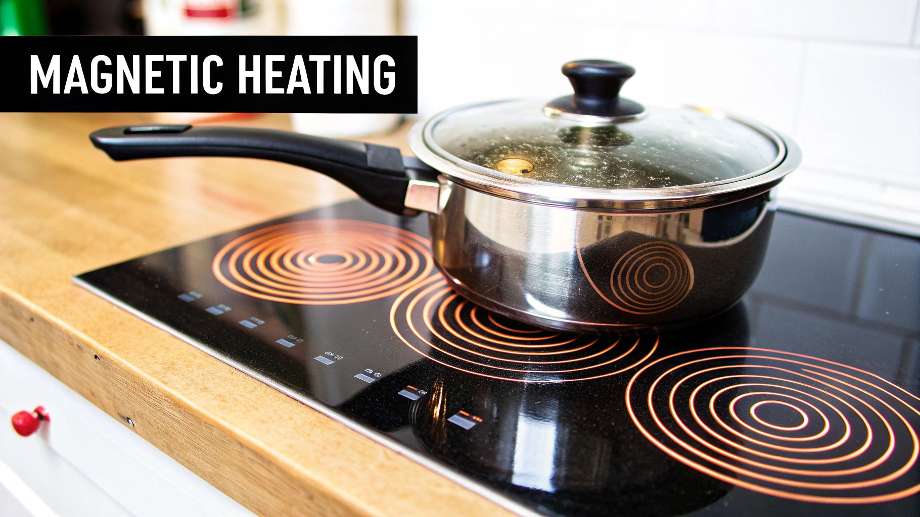 A diagram illustrating the magnetic field lines between an induction cooktop coil and an induction-ready pan, showing heat generation.