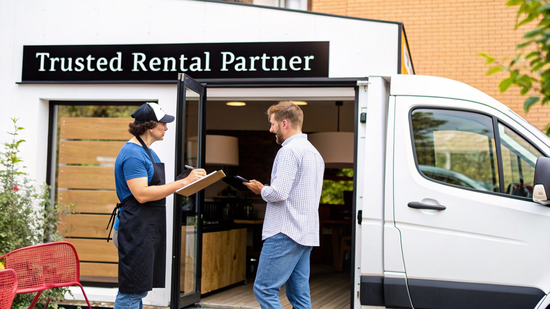 A person pointing at a map on a tablet screen, searching for local businesses.