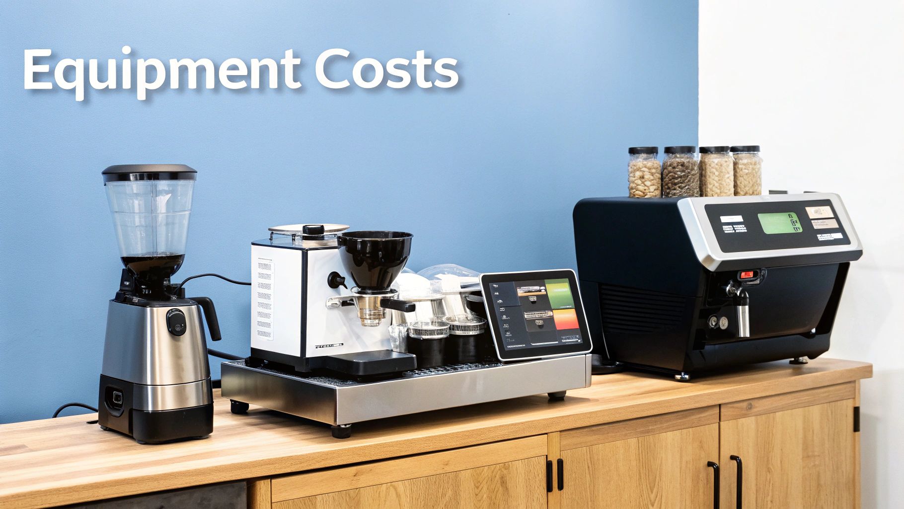 Various coffee shop equipment, including grinders and brewers, displayed on a counter with 'Equipment Costs' text.
