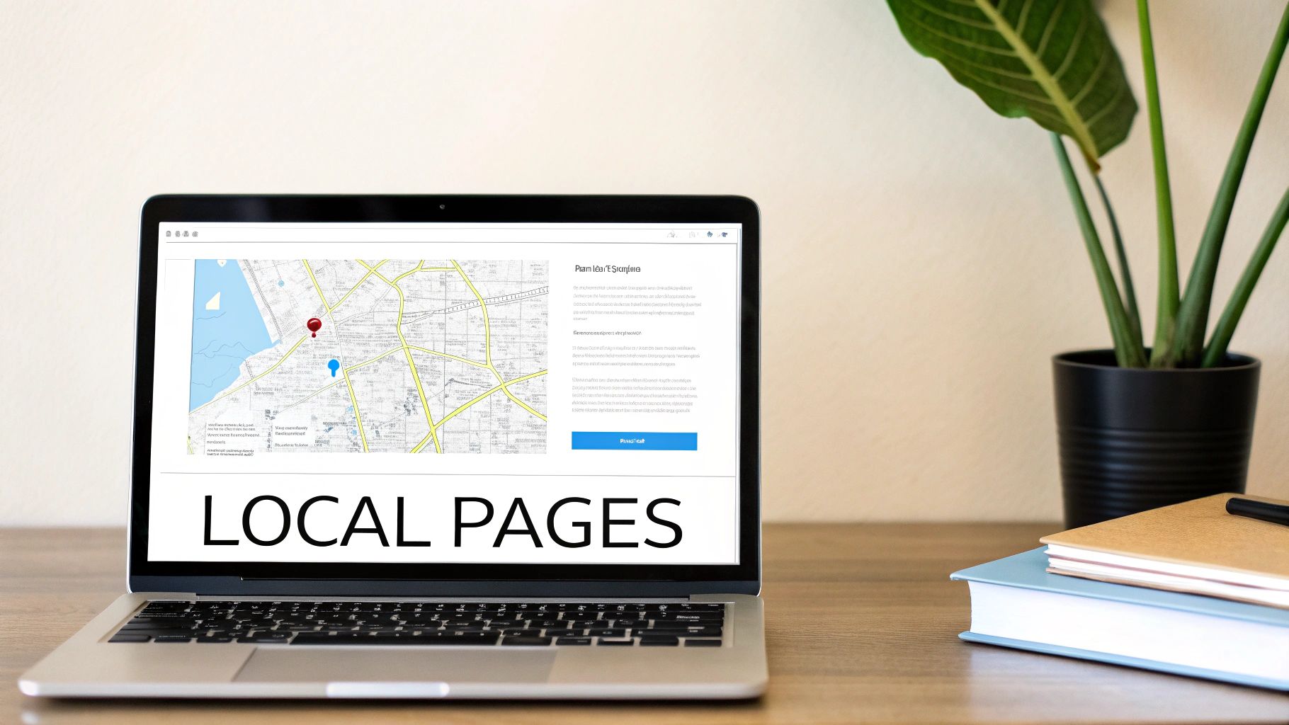 A laptop displaying a map with pin markers and prominent "LOCAL PAGES" text, beside a plant and books.