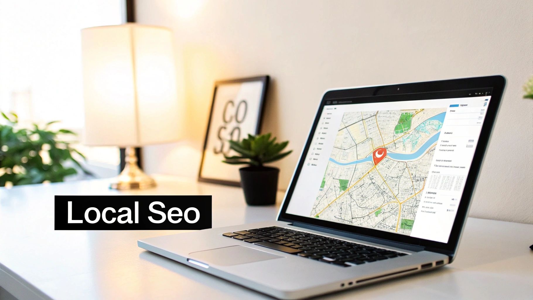 A person working on a laptop with website design elements and SEO-related graphics overlaid on the screen.