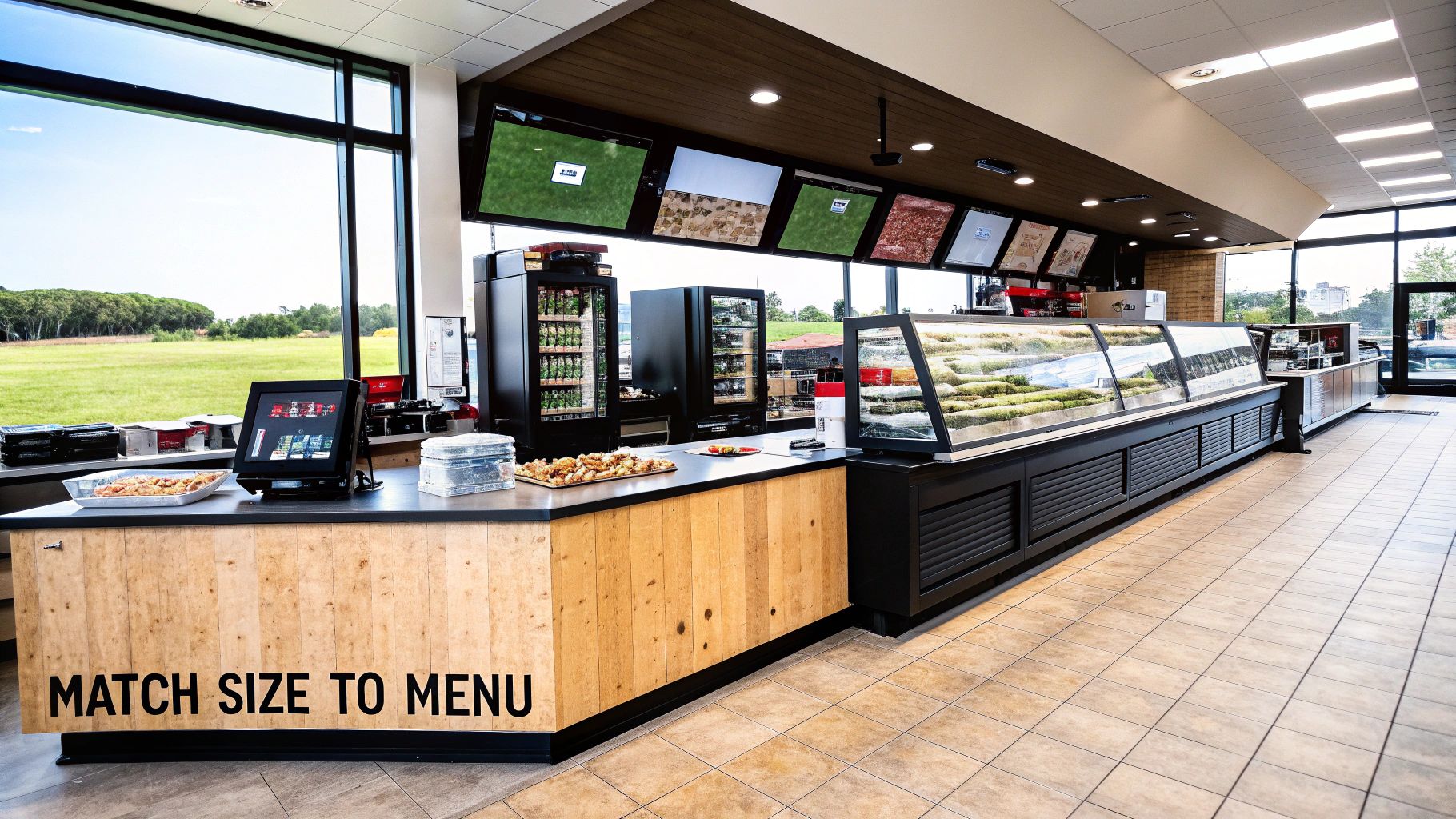 Modern food service counter with display cases, refrigerators, and digital menu screens, overlooking a green landscape.