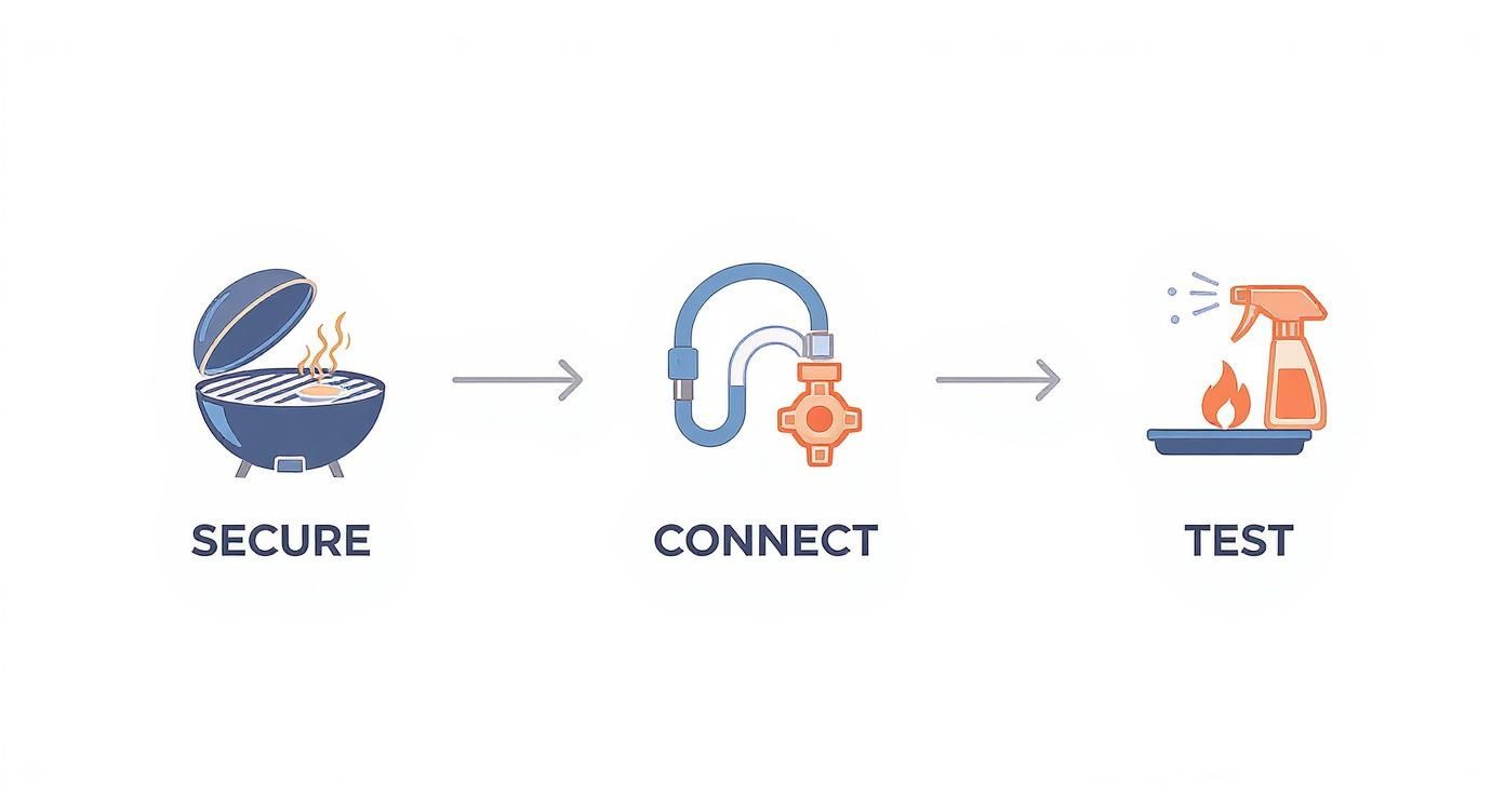 Illustration of a three-step process: securing a grill, connecting a gas line, and testing for leaks.