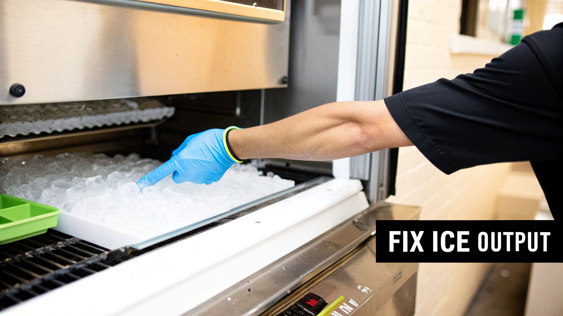 Person in a blue glove points at ice inside an ice maker, checking its output.