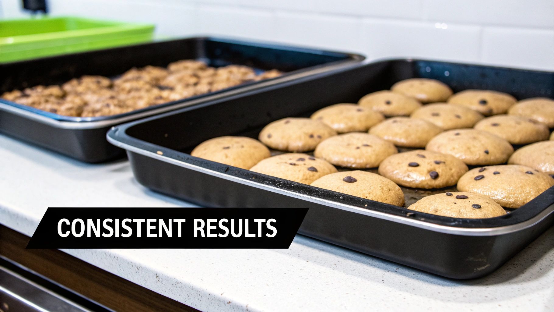 Rows of chocolate chip cookie dough balls in black baking pans, showing consistent results.