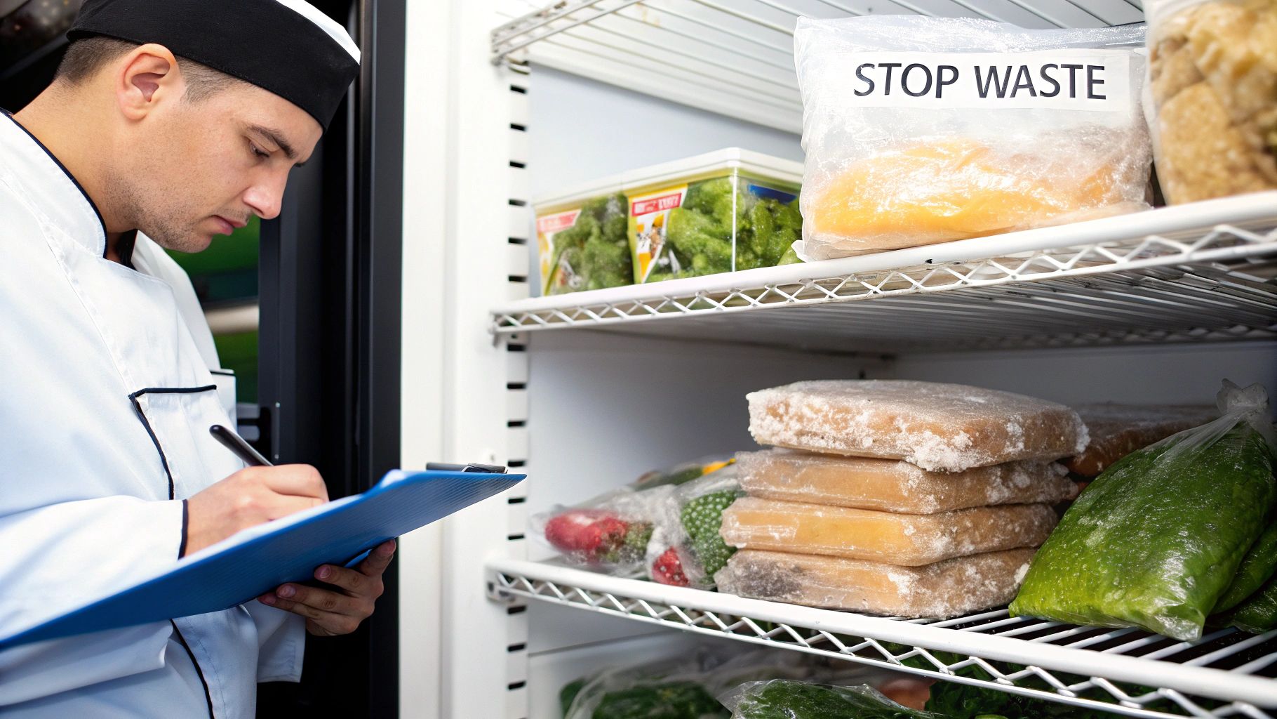 A chef in uniform writes on a clipboard while checking a commercial freezer filled with packaged food, some labeled "STOP WASTE".
