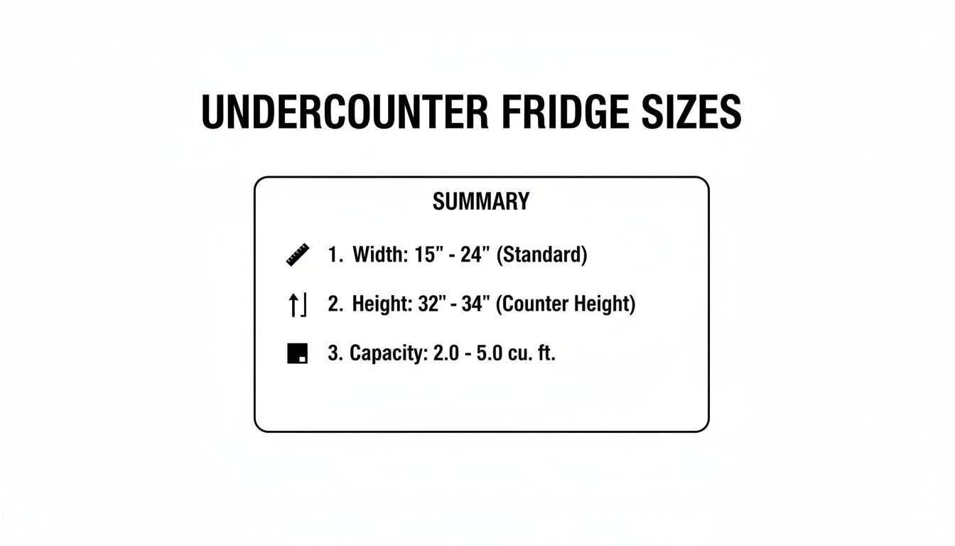 Summary of undercounter fridge sizes, listing standard width, counter height, and capacity ranges.