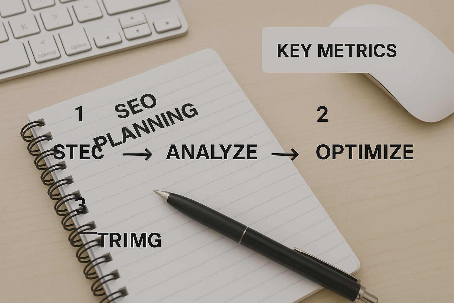 Infographic of a minimalist office desk with a notepad, symbolizing the planning of key SEO metrics for performance tracking.