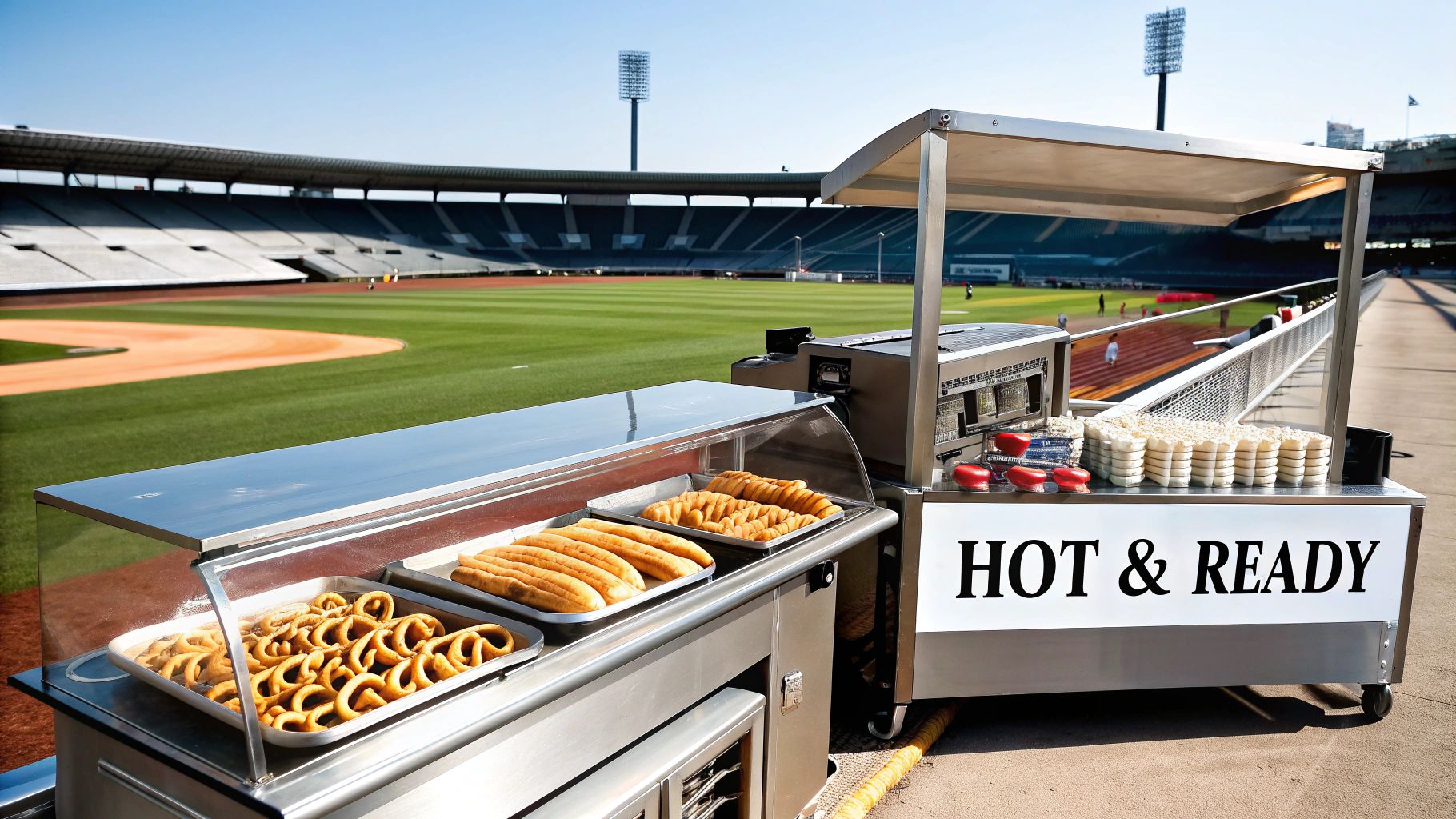 A "Hot & Ready" concessions stand selling pretzels and hot dogs at a baseball stadium.