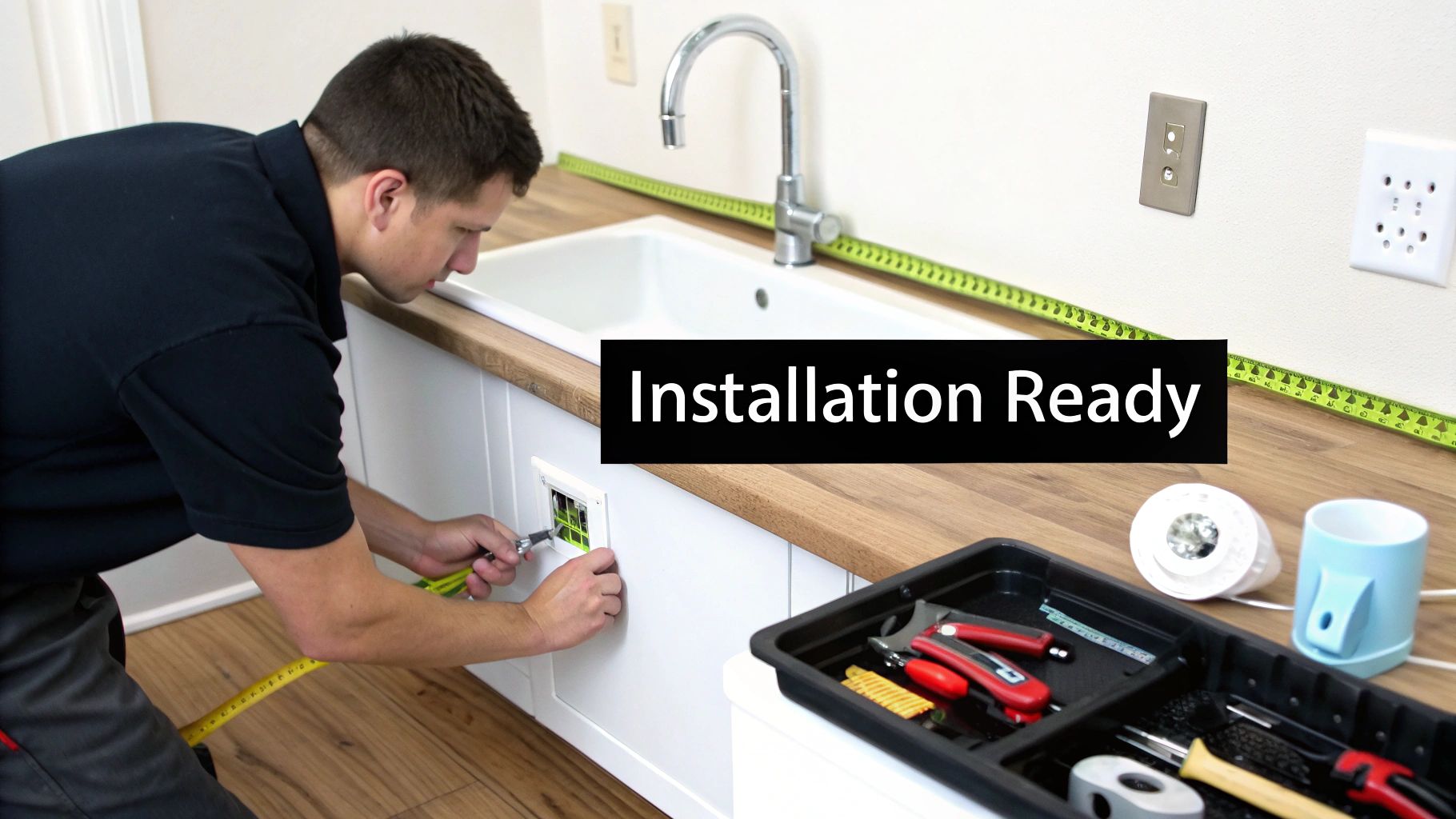 A technician connects wires under a kitchen counter, with tools and a sink visible, indicating installation work.