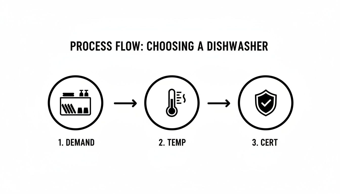 Process flow diagram showing three steps for choosing a dishwasher: demand, temperature, and certification.