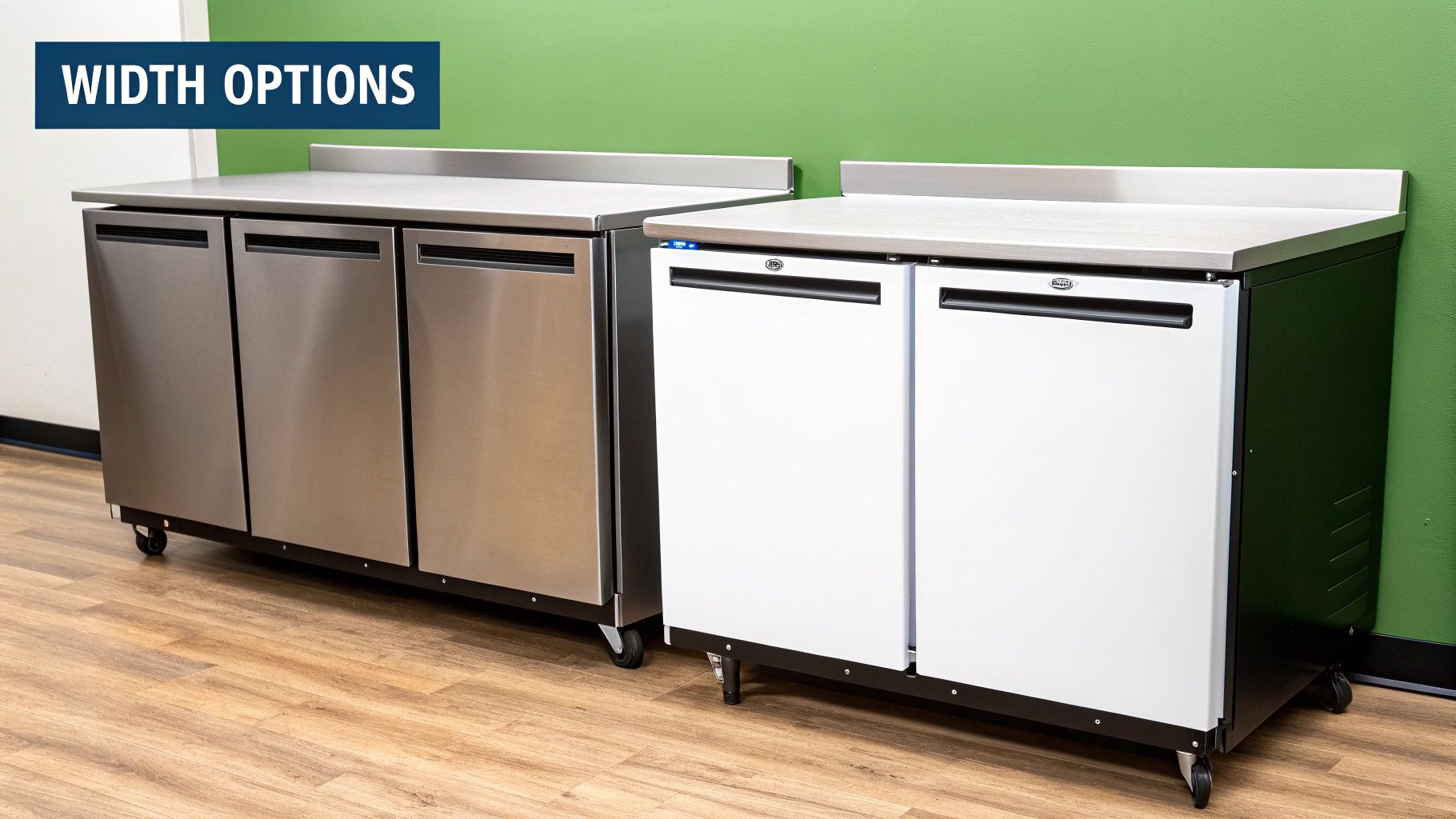 Two undercounter refrigerators, one stainless steel with three doors and one white with two doors, showcasing different width options.