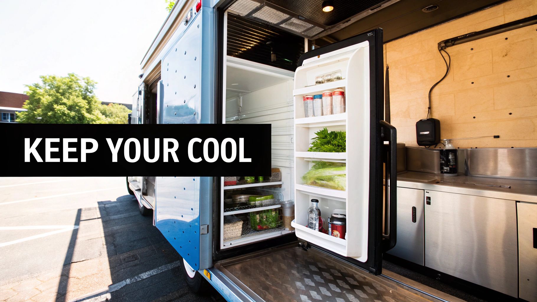 An open refrigerator inside a modern food truck kitchen, displaying fresh produce and drinks.