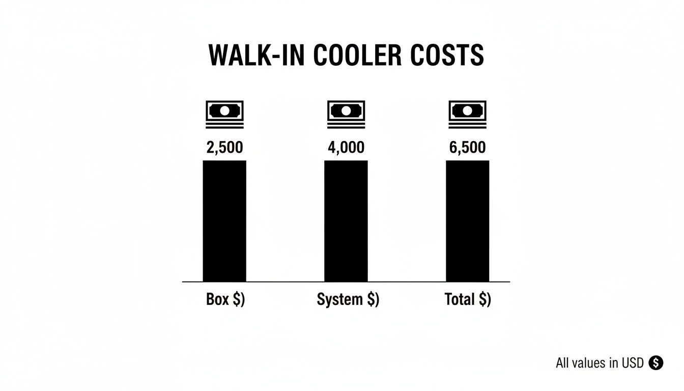 Bar chart showing walk-in cooler costs: Box at $2,500, System at $4,000, and Total at $6,500 USD.
