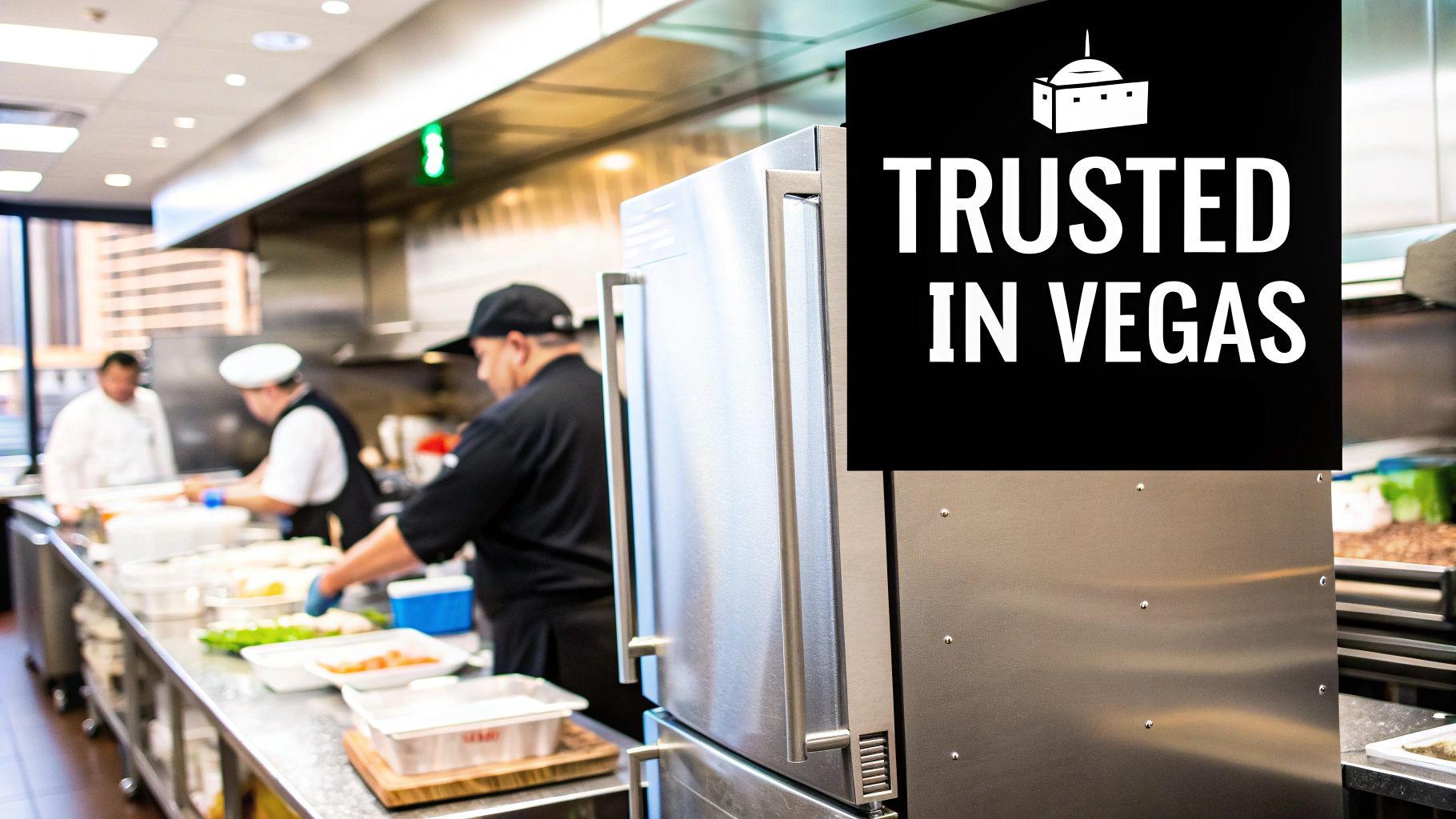 Chefs in a bustling commercial kitchen preparing food on stainless steel counters and appliances.
