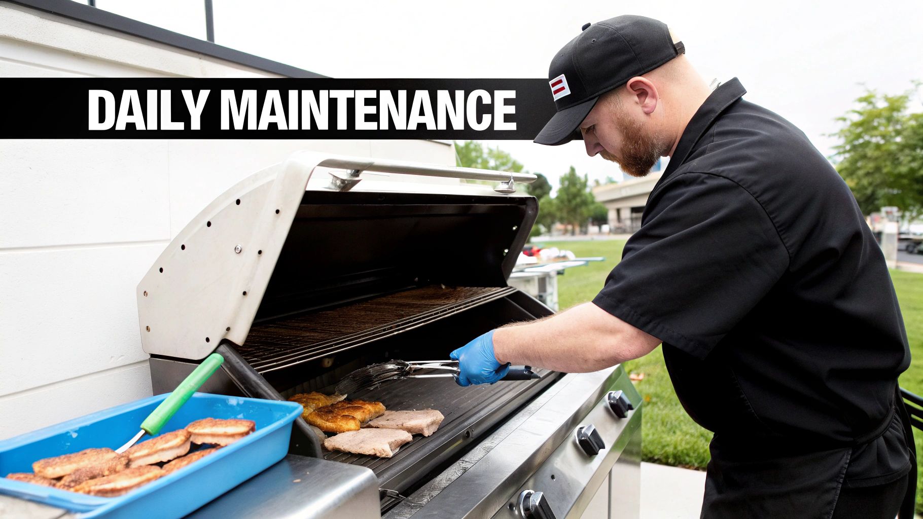 Chef cleaning the racks of a large commercial smoker