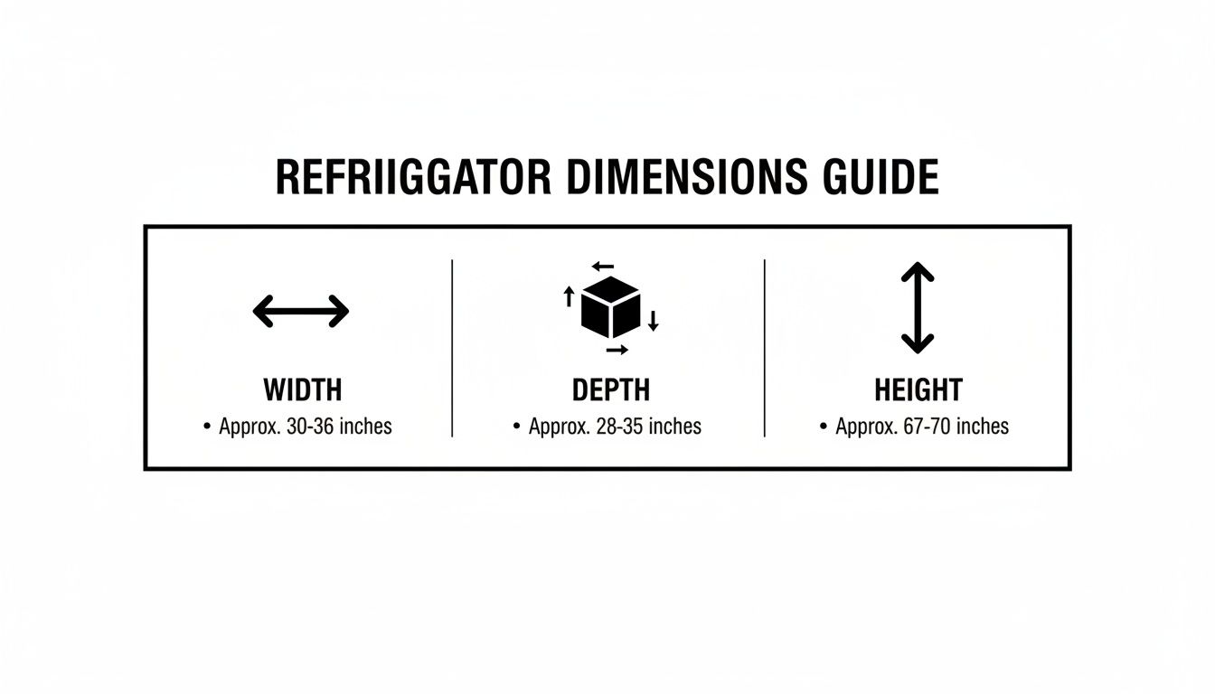 A guide showing approximate refrigerator dimensions for width, depth, and height in inches.