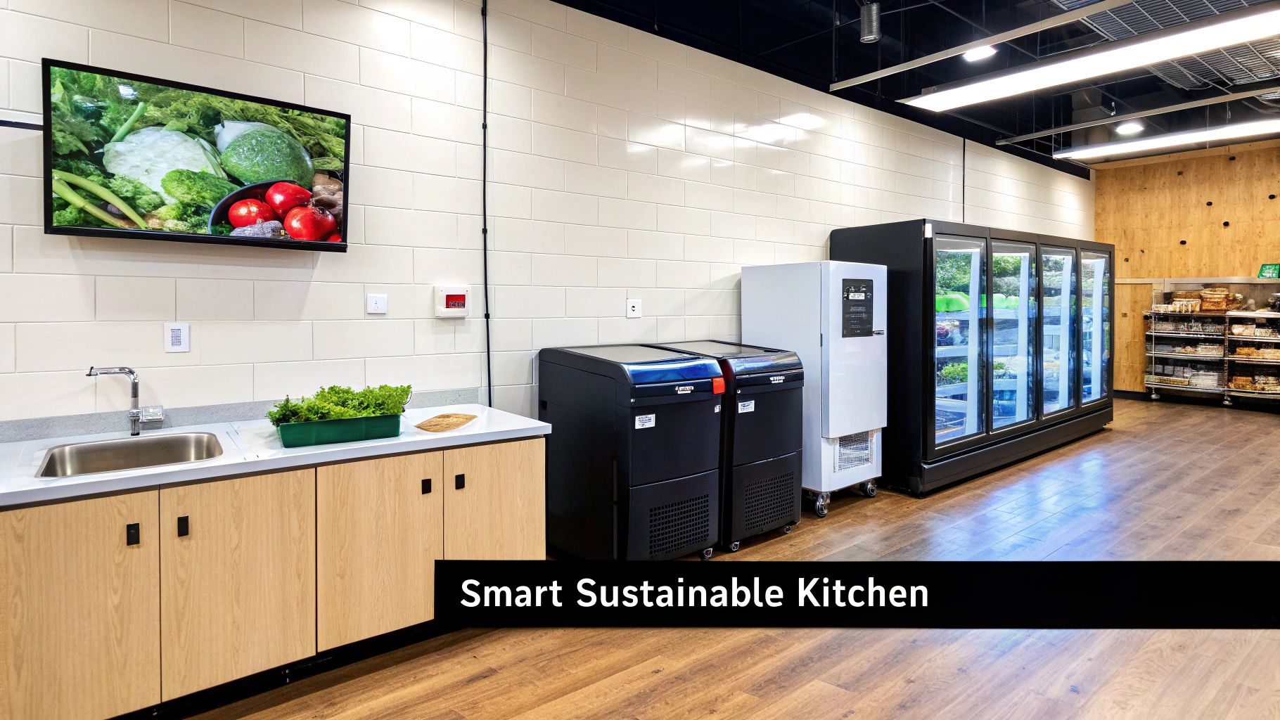 A smart sustainable kitchen featuring modern appliances, a sink, cabinets, fresh greens, and food display coolers.